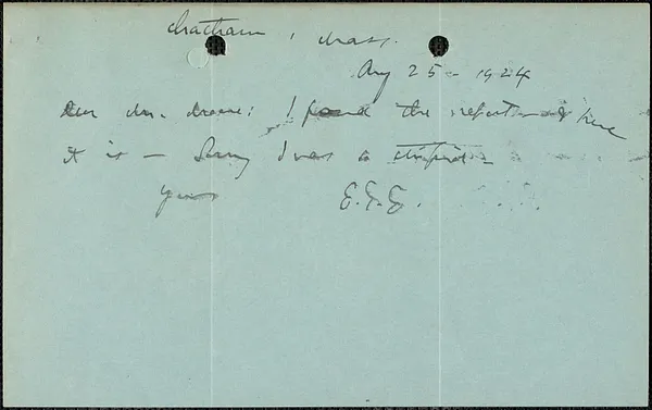 E[lizabeth] G[lendower] Evans autograph note signed to [Fred H.] Moore, Chatham, Mass., August 25, 1924