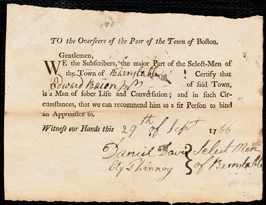 Joseph Osborn indentured to apprentice with Edward Bacon, Jr. of Barnstable, 23 August 1766