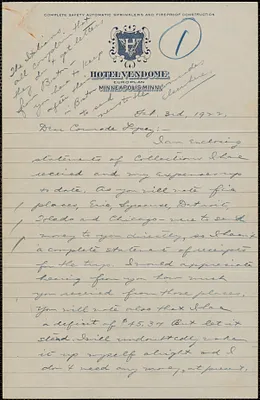 Elizabeth Gurley Flynn autograph letter signed to Frank R. Lopez, Minneapolis, Minn., February 3, 1922