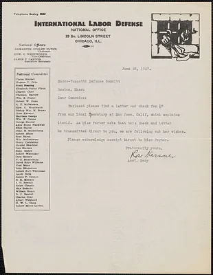 Rose Karsner (International Labor Defense) typed note signed to Sacco-Vanzetti Defense Committee, Chicago, Ill., June 28, 1927