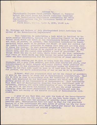 Michael A. Musmanno typed document (copy) to the Joint House and Senate Judiciary Committee of the Massachusetts Legislature, Boston, Mass., April 2, 1959
