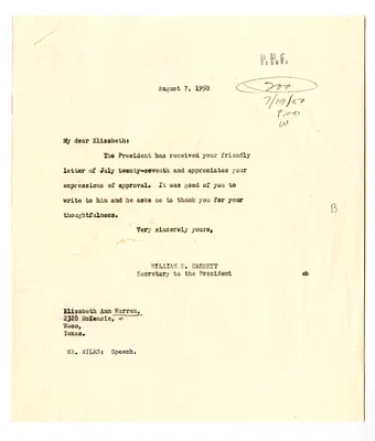 Letter from Elizabeth Ann Warren to President Harry S. Truman with a Reply from William D. Hassett