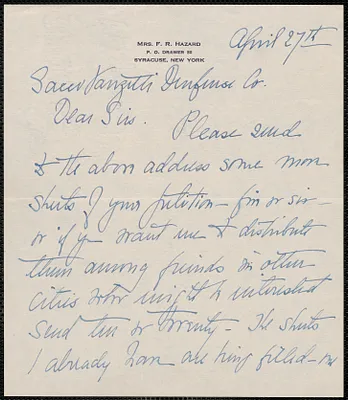 Mrs. F. R. Hazard autograph letter signed to Sacco-Vanzetti Defense Committee, Syracuse, N.Y., April 27, 1927