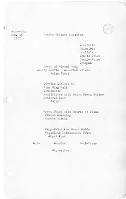 White House Luncheon Menu for Cabinet Ladies