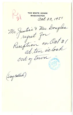 Invitation Reply from Justice and Mrs. William O. Douglas to the White House Social Office