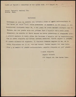 Angelo Crisafi (Sacco-Vanzetti Defense Committee of New Haven) typed letter, in Italian, to Sacco-Vanzetti Defense Committee, New Haven, Conn., [November? 1925]