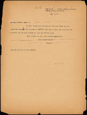 Nicola Sacco typed note (copy of postcard) to "Auntie Bee" [Elizabeth Glendower Evans], [Dedham], 3 May 1927