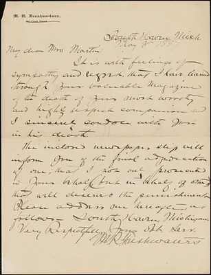 M. R. Freshwaters autograph letter signed to [Victoria Woodhull] Martin, South Haven, Mich., May 3, 1897