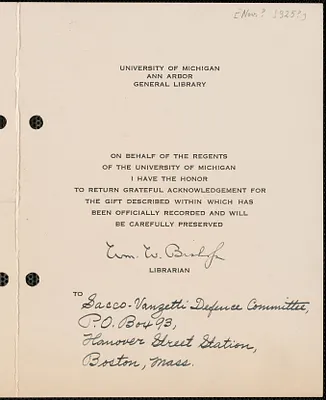 William Bishop (University of Michigan) printed card signed to Sacco-Vanzetti Defense Committee, Ann Arbor, Mich., [November? 1925]