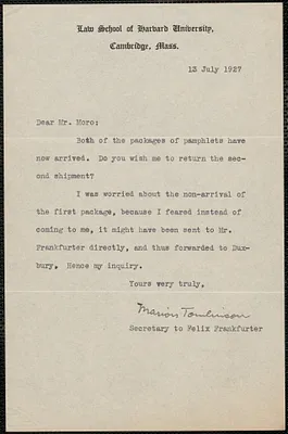 Marion Tomlinson typed note signed to Joseph Moro, Cambridge, Mass., July 13, 1927
