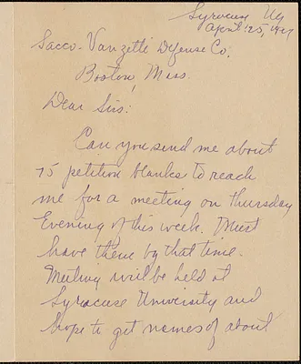 David [Dwofsley?] autograph letter signed to Sacco-Vanzetti Defense Committee, Syracuse, N.Y., April 25, 1927