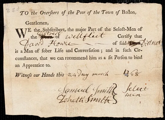 Nathanael Corbett indentured to apprentice with David Howse of Wellfleet, 19 March 1768