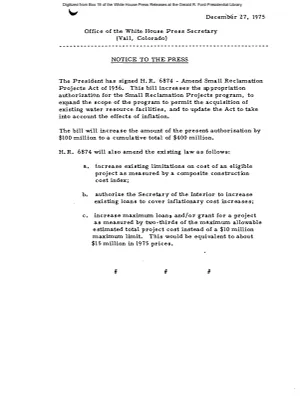 President Signs H.R. 6874, Amend Small Reclamation Projects Act of 1956 [Signing Statements and Announcements]
