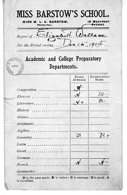 Grade Card for Elizabeth Wallace from Miss Barstow's School