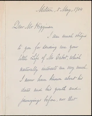 Ellen Tucker Emerson autograph note signed to Thomas Wentworth Higginson, Milton, Mass., 5 May 1904