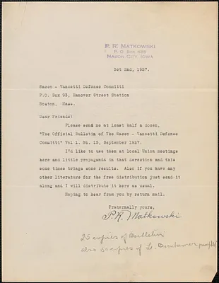 P. R. Matkowski typed letter signed to Sacco-Vanzetti Defense Committee, Mason City, Iowa, October 2, 1927