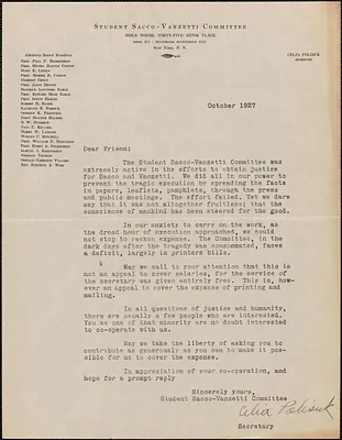 Celia Polisuk (Student Sacco-Vanzetti Committee) typed letter signed (circular), New York, N. Y., October 1927