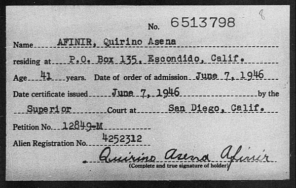 Afinir, Quirino Asena - 1946