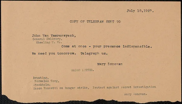 Mary Donovan telegram (copy) to John Van Vaerenewyck, Boston, Mass., July 18, 1927