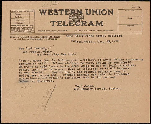 Hays Jones telegram to the New York Leader, Boston, Mass., Octboer 23, 1923