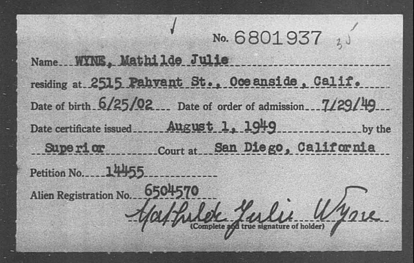 Wyne, Mathilde Julie - 1949