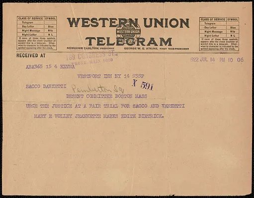 Mary E. Wolley, Jeannette Marks, and Edith Bietrick telegram to Sacco-Vanzetti Defense Committee, New York, N.Y., July 14, 1922