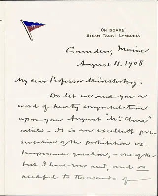 Bok, Edward William, 1863-1930 autograph letter signed to Hugo Münsterberg, Camden, Me., 11 August 1908