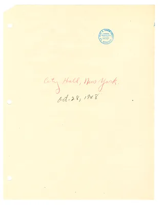 Reading Copy, Speech of President Harry S. Truman, City Hall, New York City