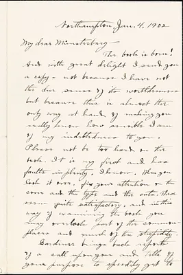 Pierce, Arthur Henry, 1876-1914 autograph letter signed to Hugo Münsterberg, Northampton, Mass., 04 January 1902