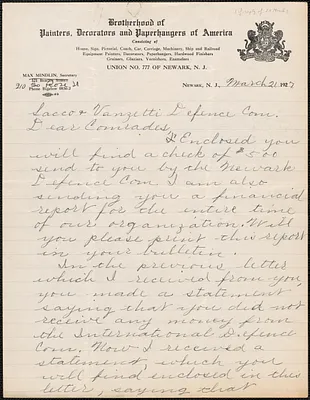 Max Mindlin (Sacco & Vanzetti Defense Committee, Newark) autograph letter signed to Sacco-Vanzetti Defense Committee, Newark, N.J., March 21, 1927
