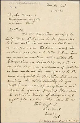 P. Eruglund autograph letter signed to Nicola Sacco and Bartolomeo Vanzetti, Eureka, Calif., 13 June 1921