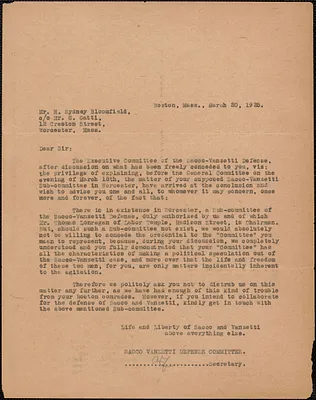 Amleto Fabbri (Sacco-Vanzetti Defense Committee) typed letter signed (copy) to H. Sydney Bloomfield, Boston, Mass., March 20, 1925