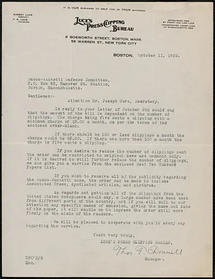Thomas Donnell (Luce's Press Clipping Bureau) typed letter signed to Sacco-Vanzetti Defense Committee, Boston, Mass., October 11, 1926