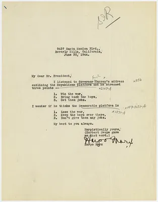 Letter, Harpo Marx to Franklin Roosevelt