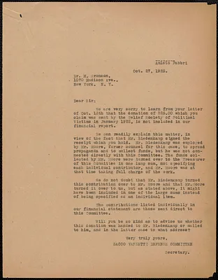 Amleto Fabbri (Sacco-Vanzetti Defense Committee) typed letter (copy) to M. Aronson, Boston, Mass., October 27, 1925