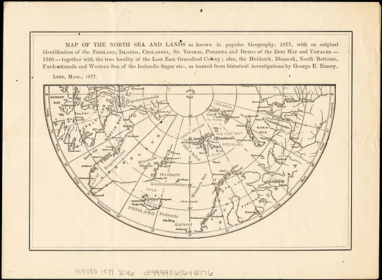 Map of the North Sea and lands as known in popular geography, 1877, with an original identification of the Frisland, Islanda, Crolandia, St. Thomas, Podanda, and Duilo of the Zeni map and voyages