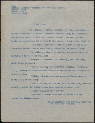 Citizens National Committee for Sacco and Vanzetti press release (copy), Boston, Mass., August 22, 1927