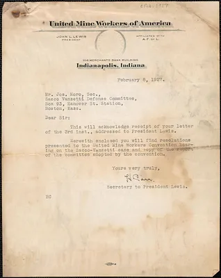 H. Carr (United Mine Workers of America) typed note signed to Joseph Moro, Indianapolis, Ind., February 8, 1927