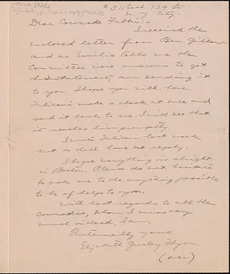 Elizabeth Gurley Flynn autograph letter signed to Amleto Fabbri, New York, N.Y., [March 1925]