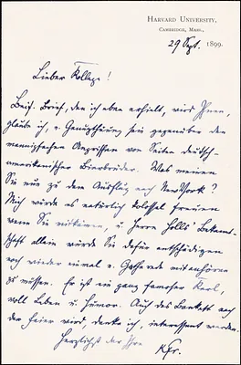 Francke, Kuno, 1855-1930 autograph letter signed to Hugo Münsterberg, Cambridge, Mass., 29 September 1899