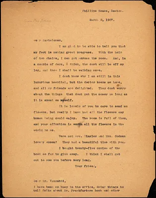 Elizabeth Glendower Evans typed letter (copy) to Bartolomeo Vanzetti, Boston, 8 March 1927