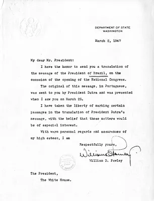 Letter from Ambassador William Pawley to President Harry S. Truman, with Attachment