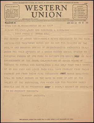 Gardner Jackson telegram to Aldino Felicani, Washington, D. C., August 22, 1933