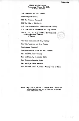 Invitation List for Dinner at the Blair House for Her Royal Highness Princess Elizabeth