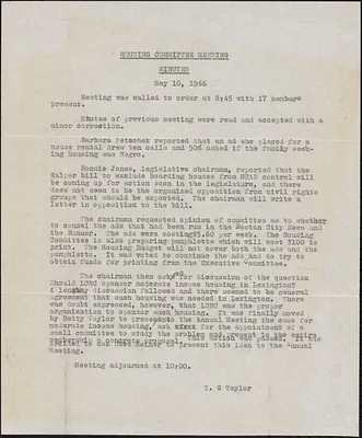 Housing Committee Meeting Minutes, May 1966