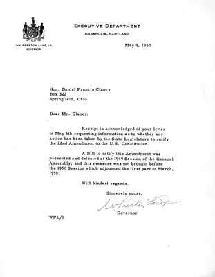 Letter from Governor William Preston Lane to Daniel F. Clancy