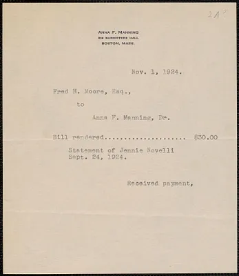 Anna F. Manning typed note to [Sacco-Vanzetti Defense Committee], Boston, November 1, 1924
