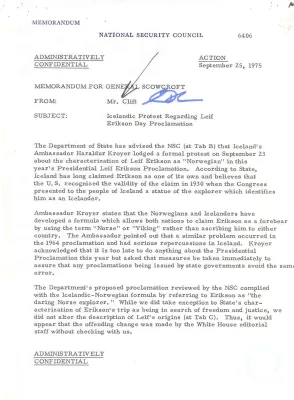 Memorandum from Dennis Clift to Lieutenant General Brent Scowcroft Regarding Icelandic Protest Regarding Leif Erikson Day Proclamation