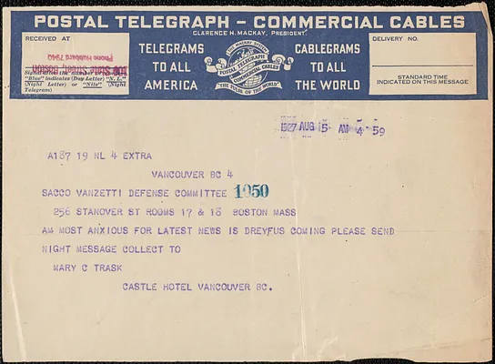 Mary C. Trask telegram to Sacco-Vanzetti Defense Committee, Vancover, B.C., August 5, 1927