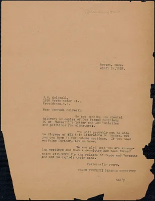 Sacco-Vanzetti Defense Committee typed letter (copy) to Joseph M. Coldwell, Boston, Mass., April 29, 1927